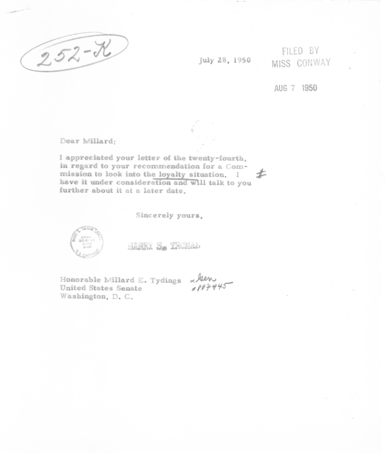 Correspondence Between Millard E. Tydings and Harry S. Truman