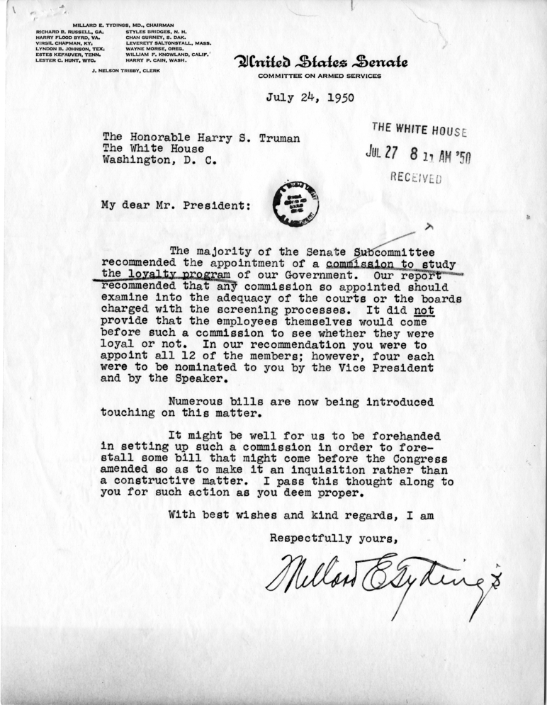 Correspondence Between Millard E. Tydings and Harry S. Truman