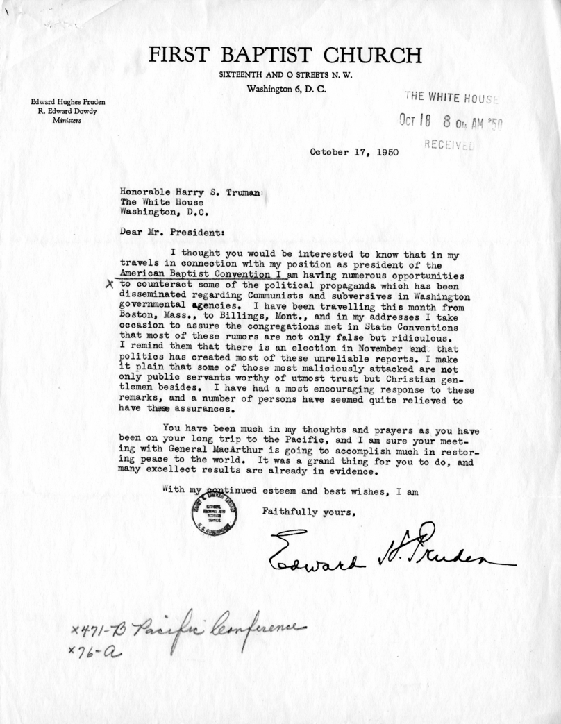 Correspondence Between Edward H. Pruden and Harry S. Truman