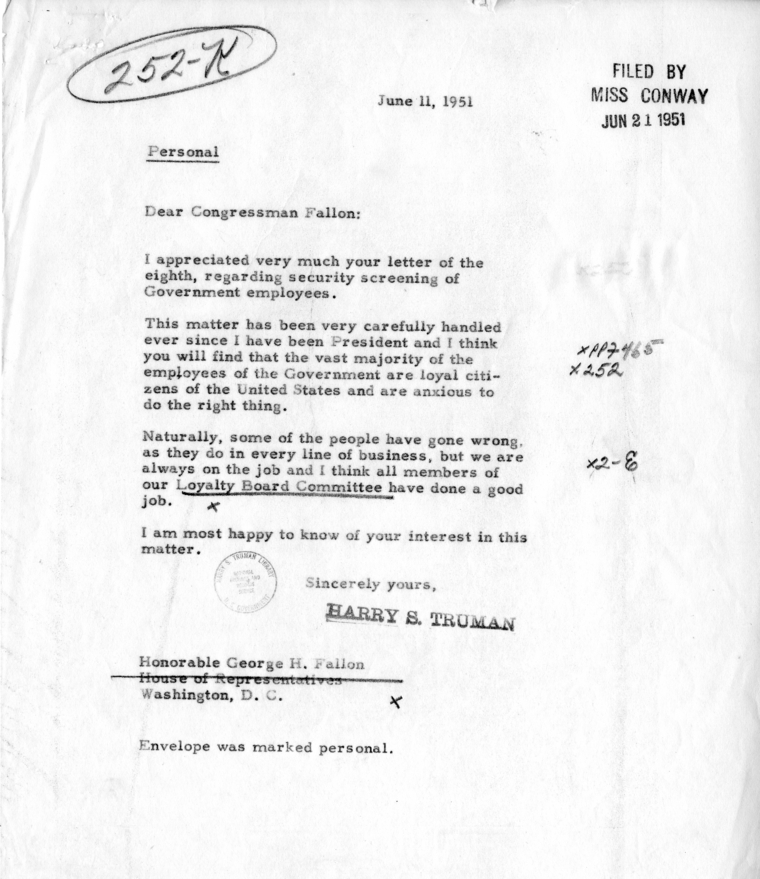 Correspondence Between Harry S. Truman and George H. Fallon
