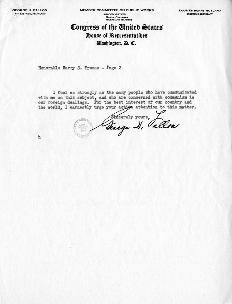 Correspondence Between Harry S. Truman and George H. Fallon