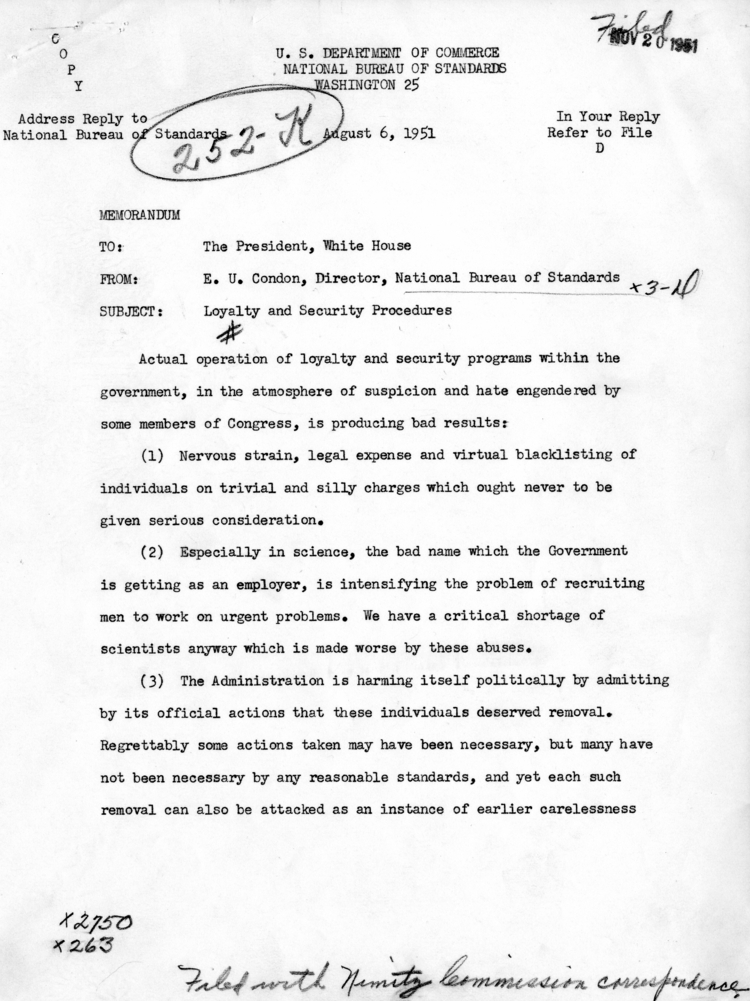 Memo, E.U. Condon to Harry S. Truman