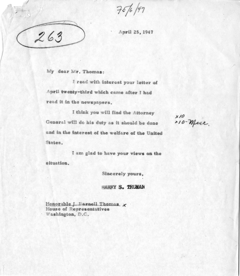 Correspondence Between J. Parnell Thomas and Harry S. Truman