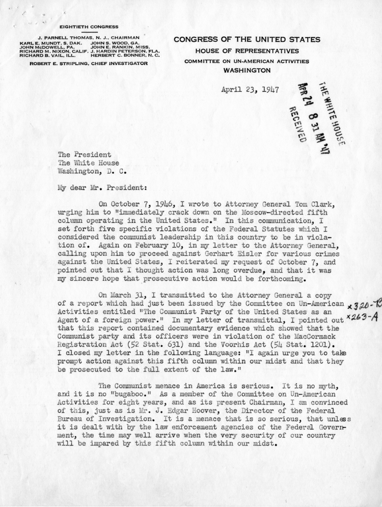 Correspondence Between J. Parnell Thomas and Harry S. Truman