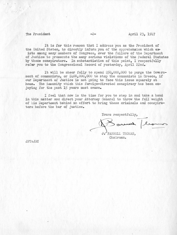 Correspondence Between J. Parnell Thomas and Harry S. Truman