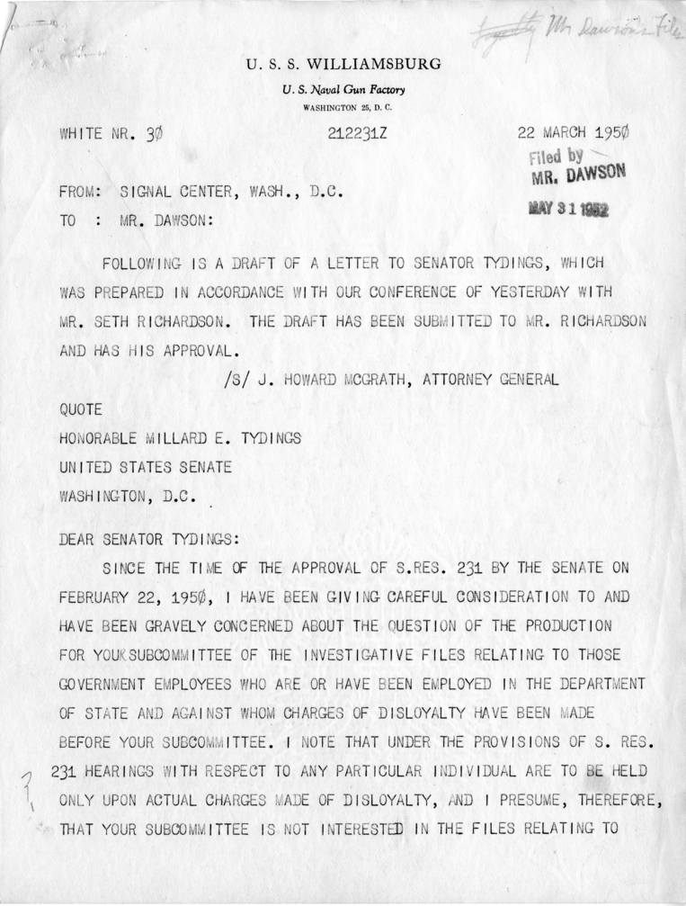 Draft Letter, Harry S. Truman to Millard E. Tydings With Related Material