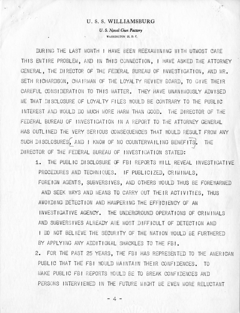 Draft Letter, Harry S. Truman to Millard E. Tydings With Related Material