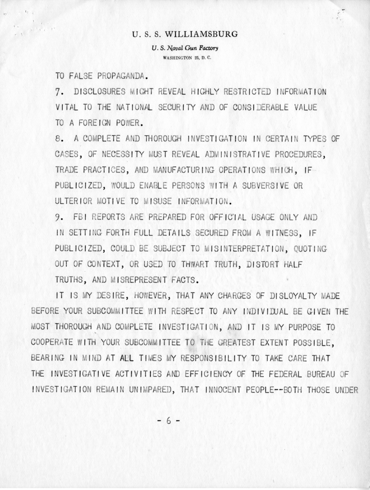 Draft Letter, Harry S. Truman to Millard E. Tydings With Related Material