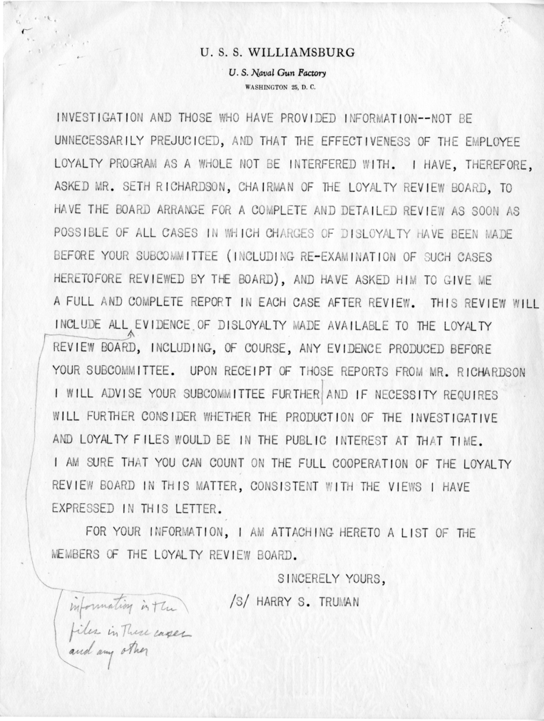 Draft Letter, Harry S. Truman to Millard E. Tydings With Related Material