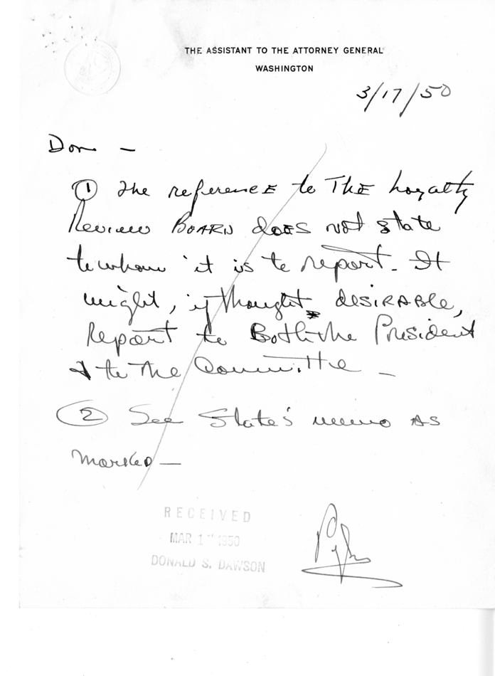 Draft Letter, Harry S. Truman to Millard E. Tydings With Related Material