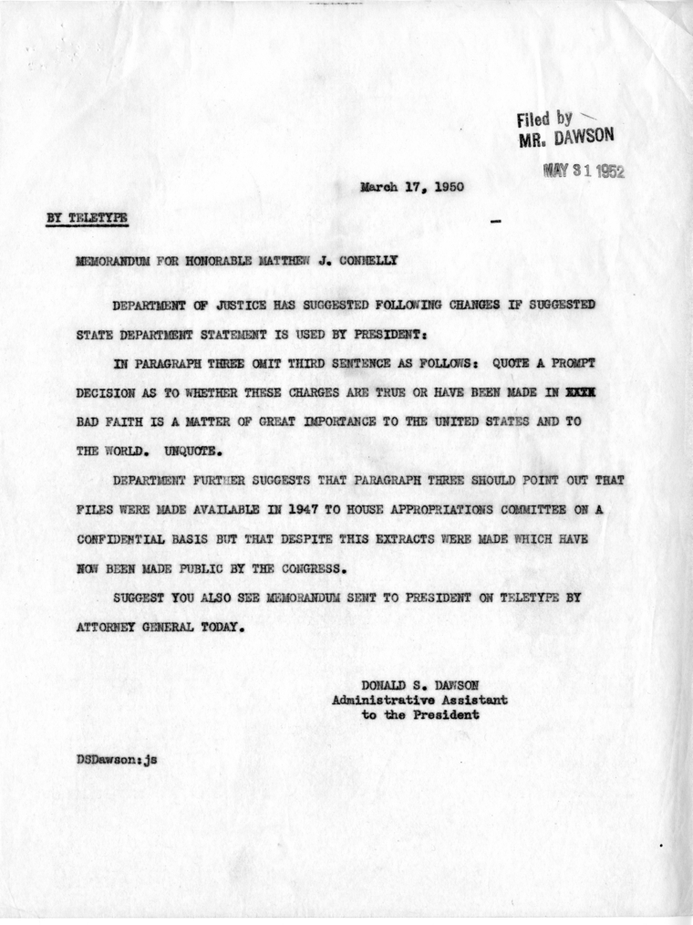 Draft Letter, Harry S. Truman to Millard E. Tydings With Related Material