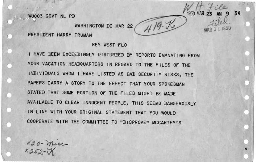 Telegram, Joseph McCarthy to Harry S. Truman