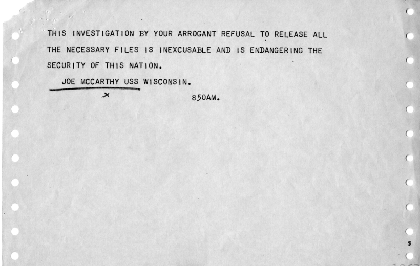 Telegram, Joseph McCarthy to Harry S. Truman