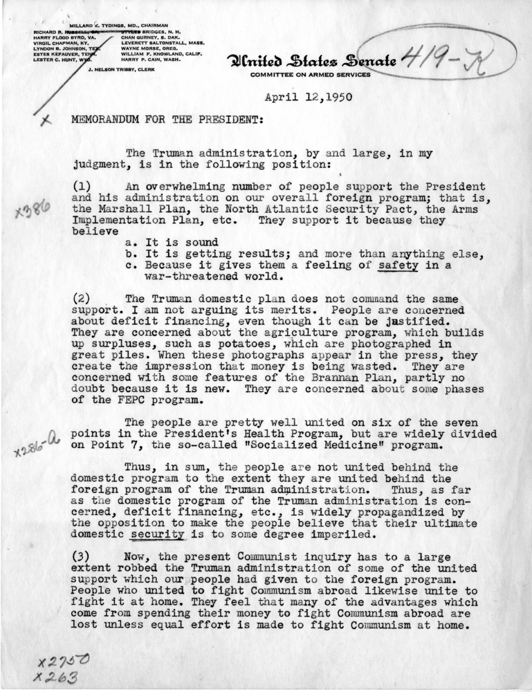 Memo, Millard E. Tydings to Harry S. Truman