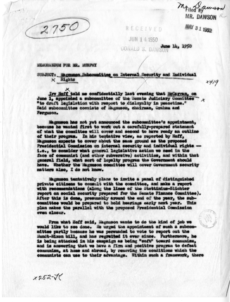 Memo, David E. Bell to Charles S. Murphy