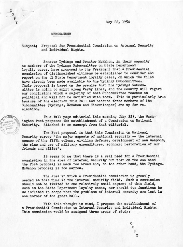 Memo from Stephen Spingarn, "Proposal for Presidential Commission on Internal Security and Individual Rights"
