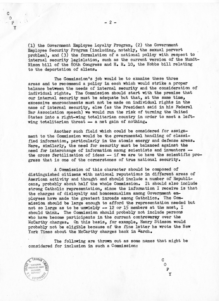 Memo from Stephen Spingarn, "Proposal for Presidential Commission on Internal Security and Individual Rights"