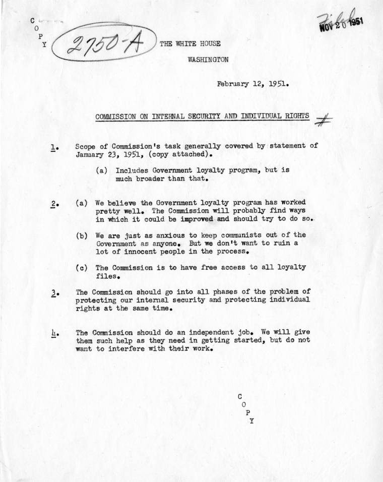 Memo, "Commission on Internal Security and Individual Rights"