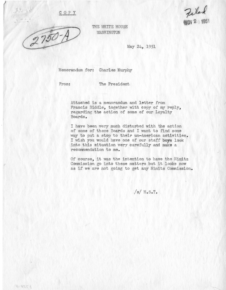 Memo, Harry S. Truman to Charles Murphy With Attachments