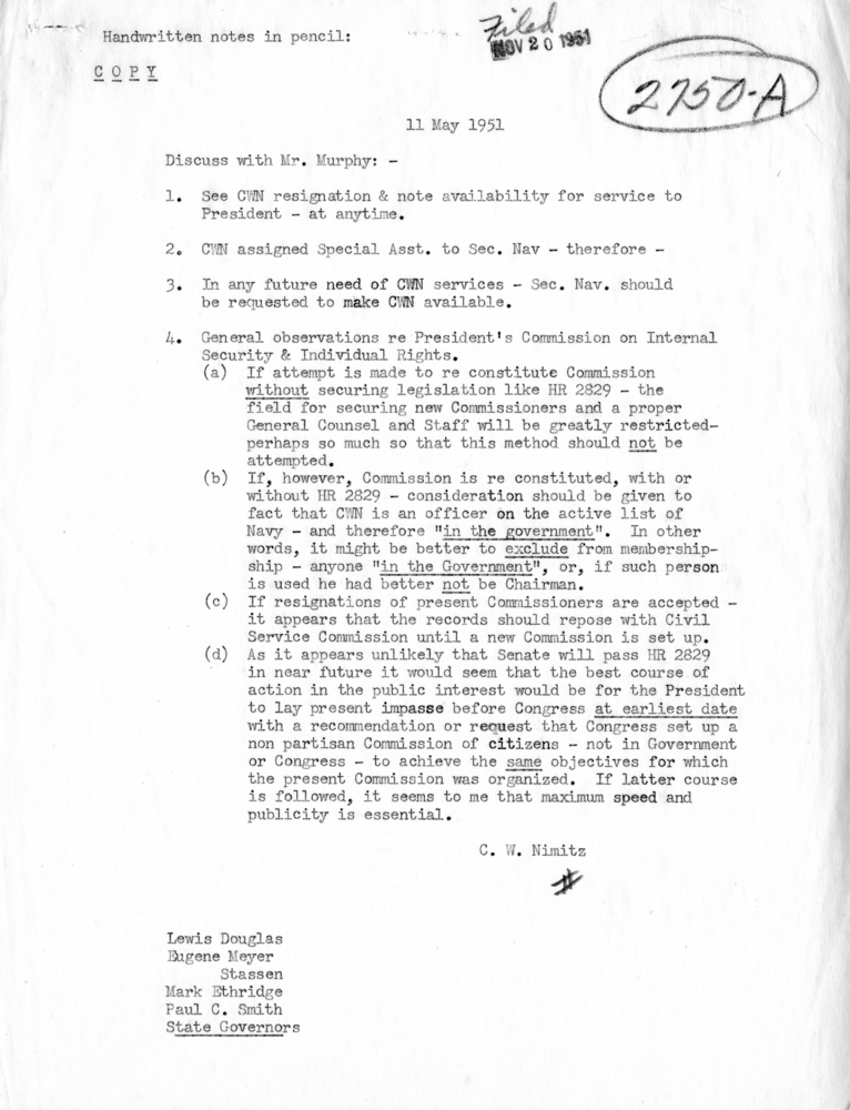 Notes, Chester W. Nimitz to Discuss With Charles Murphy