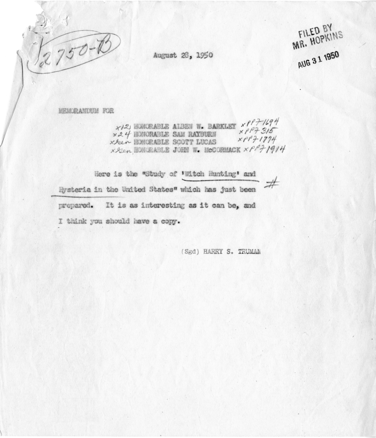 Memo, Harry S. Truman to Alben W. Barkley, et al., With Attachment