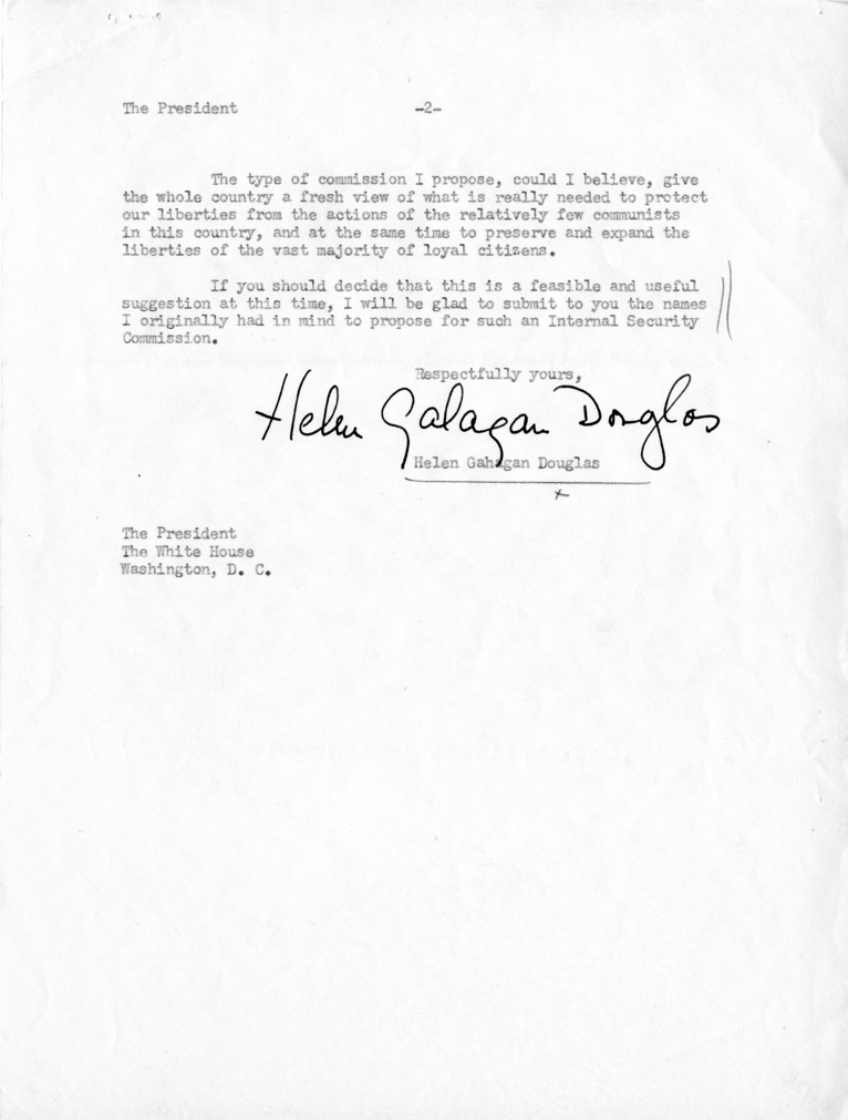 Helen Gahagan Douglas to Harry S. Truman