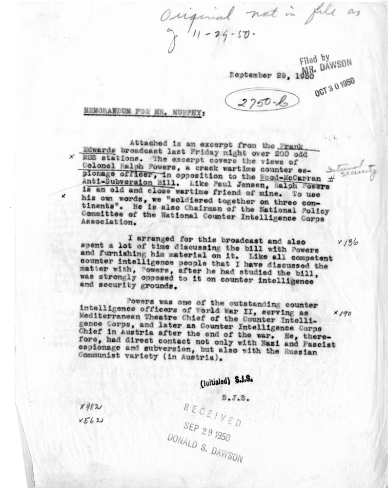 Memo, Stephen J. Spingarn to Charles Murphy, With Attachment