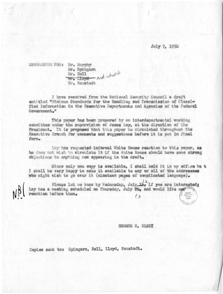 Memo, George M. Elsey to James Lay With Attachment