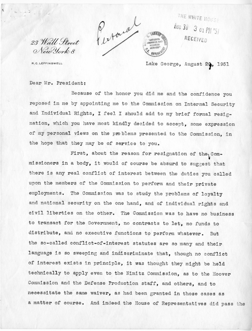 Russell C. Leffingwell to Harry S. Truman