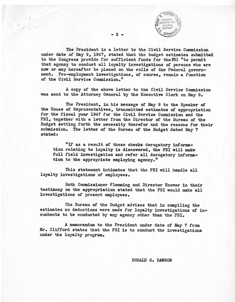 Memo, Donald S. Dawson to Harry S. Truman