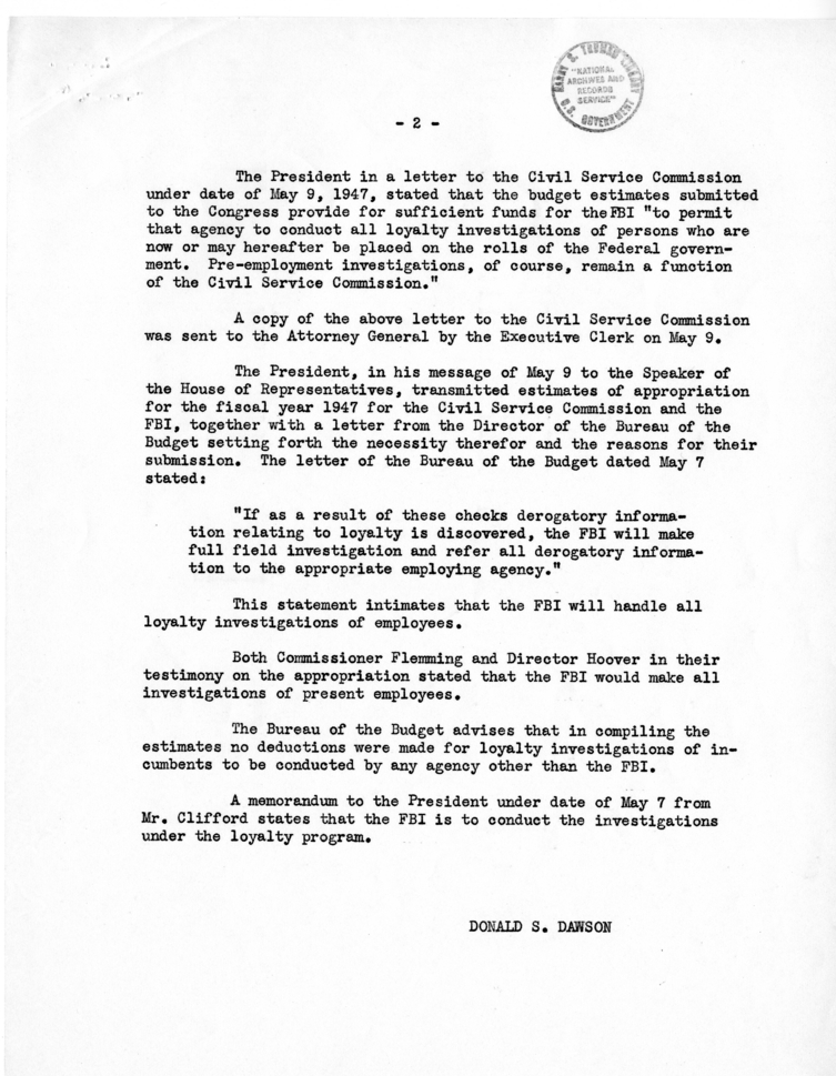 Memo, Donald S. Dawson to Harry S. Truman