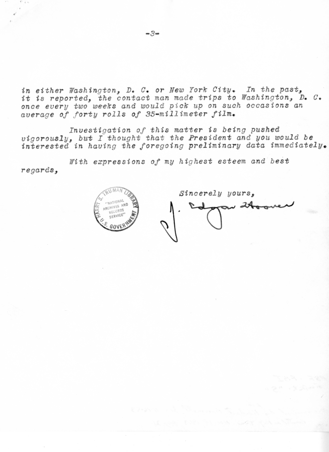 J. Edgar Hoover to Harry H. Vaughan