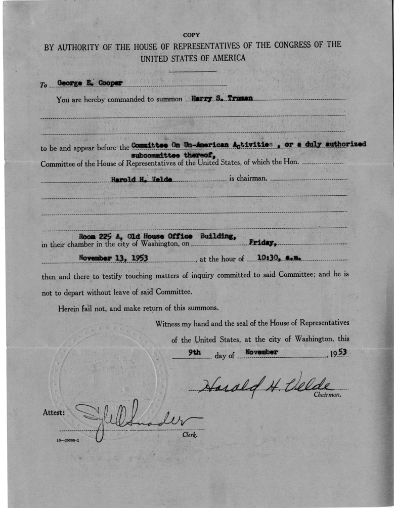 Summons to Harry S. Truman