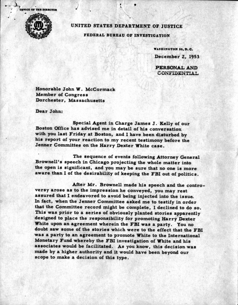 Correspondence between J. Edgar Hoover and John W. McCormack