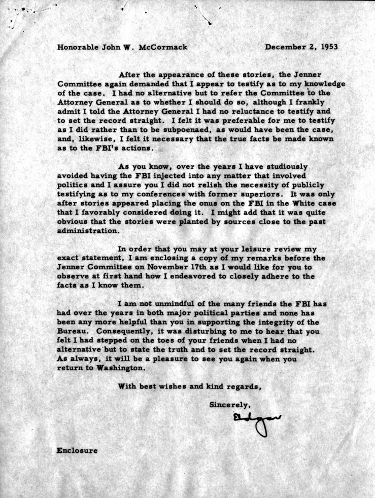 Correspondence between J. Edgar Hoover and John W. McCormack