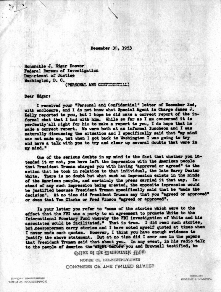 Correspondence between J. Edgar Hoover and John W. McCormack