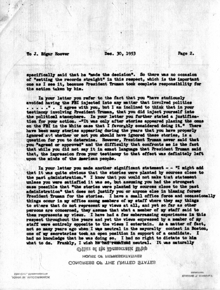 Correspondence between J. Edgar Hoover and John W. McCormack