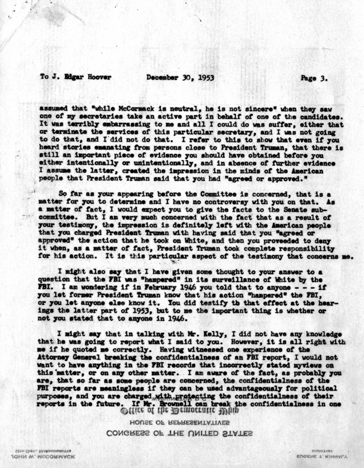 Correspondence between J. Edgar Hoover and John W. McCormack