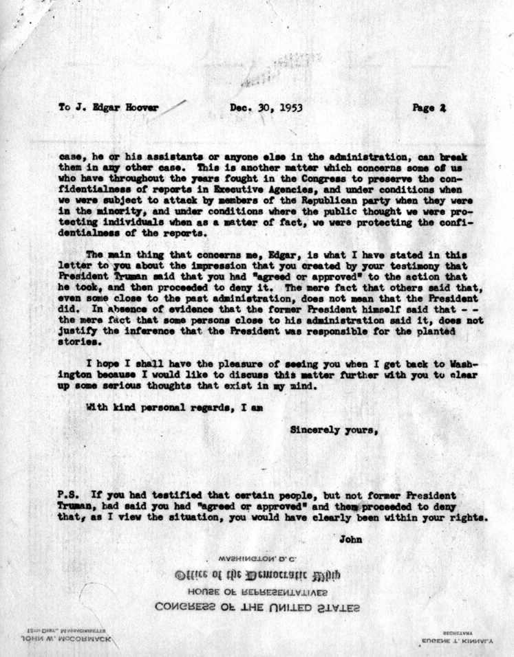 Correspondence between J. Edgar Hoover and John W. McCormack