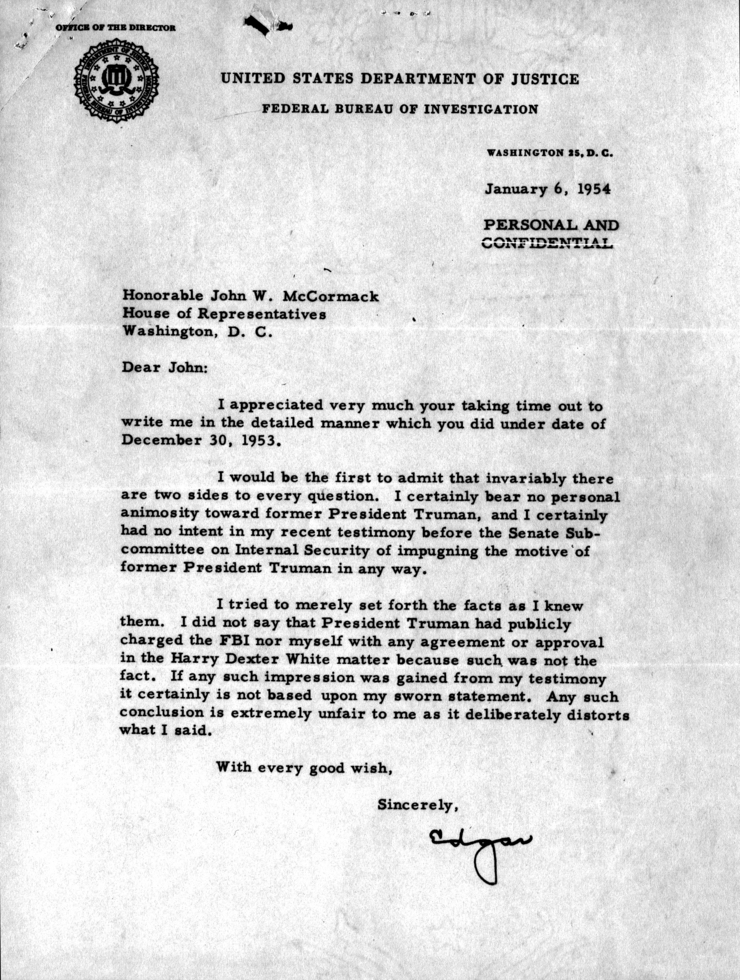 Correspondence between J. Edgar Hoover and John W. McCormack