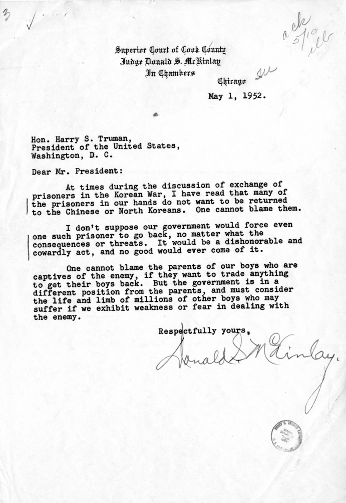 Donald S. McKinlay to Harry S. Truman, With Reply From William D. Hassett