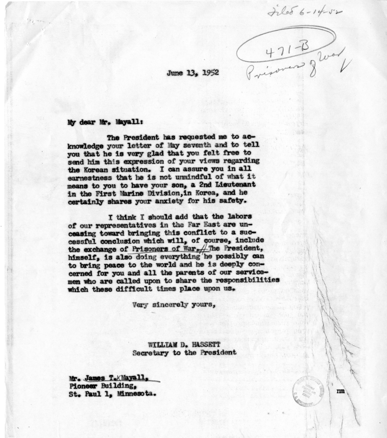 James T. Mayall to Harry S. Truman With Reply From William D. Hassett