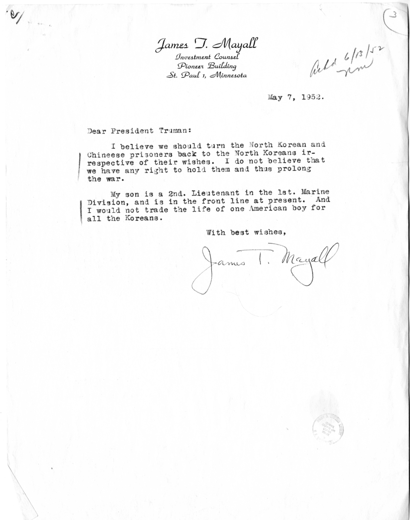 James T. Mayall to Harry S. Truman With Reply From William D. Hassett