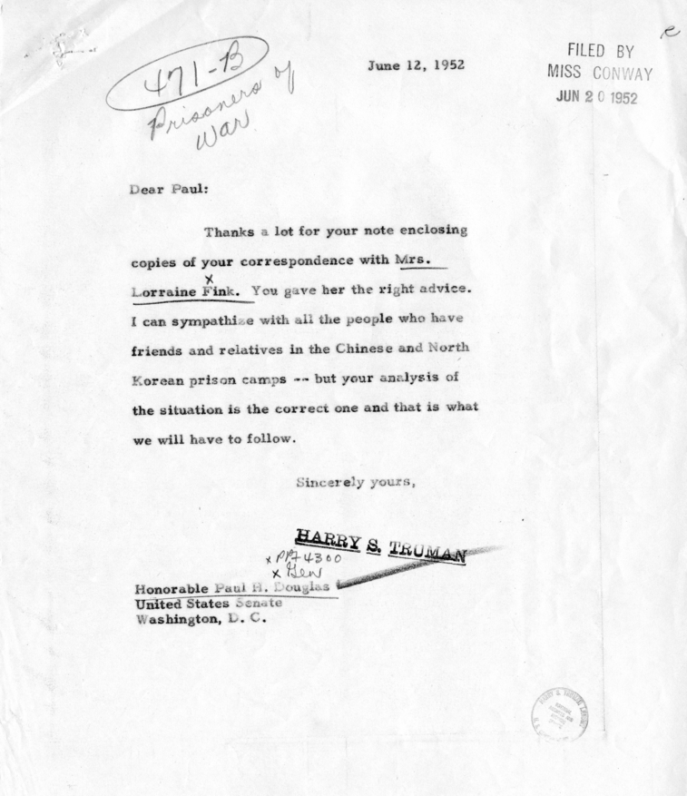 Correspondence Between Paul Douglas and Harry S. Truman, With Attachments