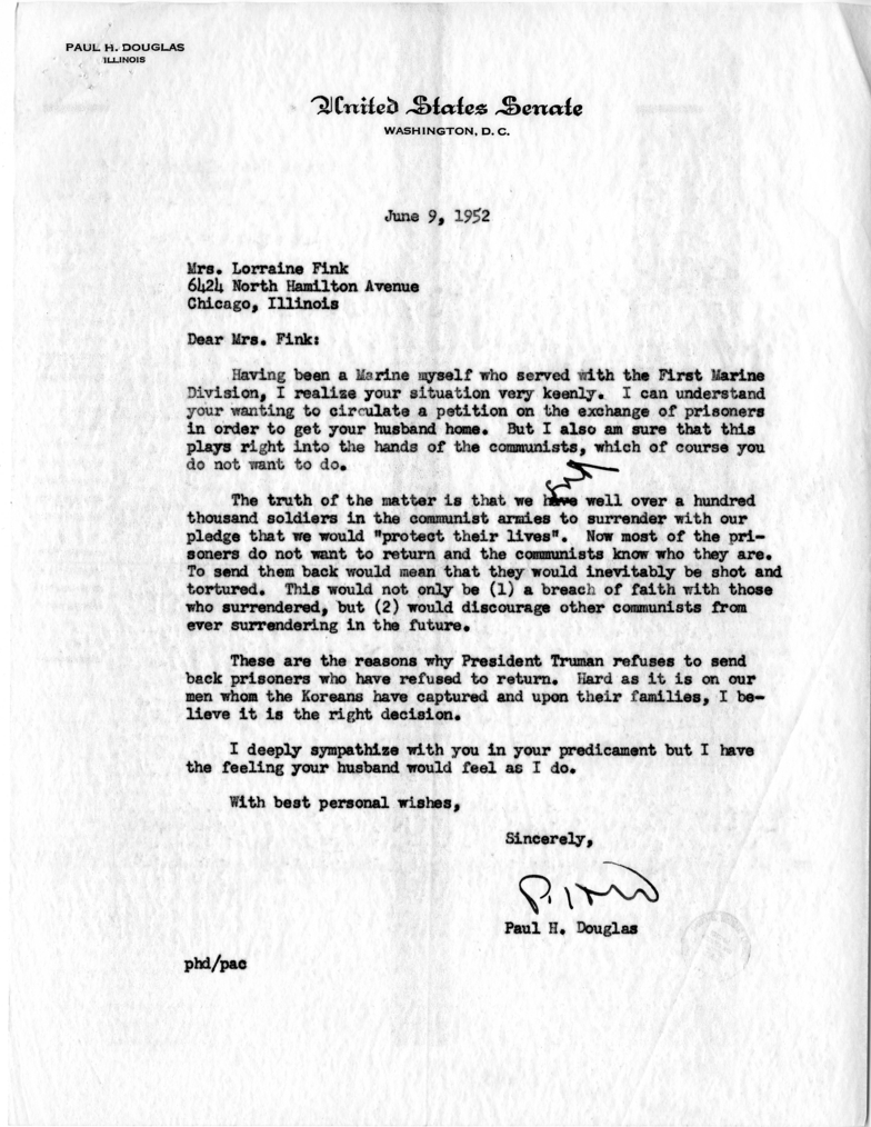 Correspondence Between Paul Douglas and Harry S. Truman, With Attachments