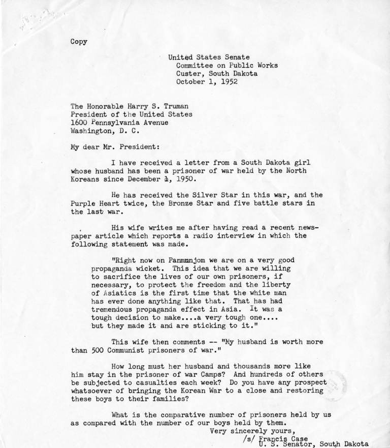 Francis Case to Harry S. Truman With Reply From Robert A. Lovett