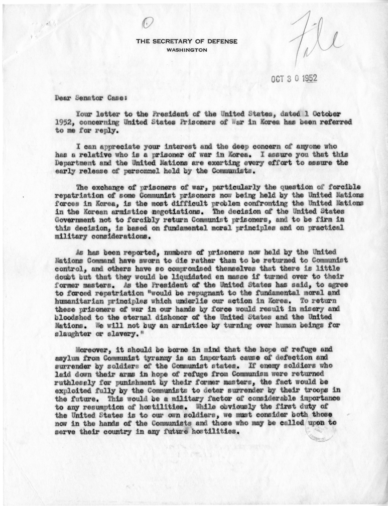 Francis Case to Harry S. Truman With Reply From Robert A. Lovett