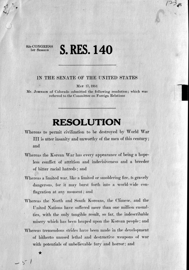 Resolution submitted by Edwin C. Johnson to the Committee on Foreign Relations