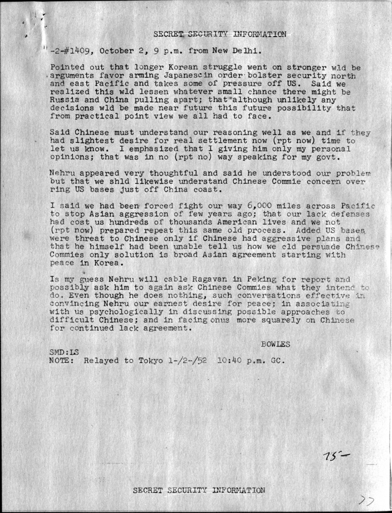 Chester Bowles to Dean G. Acheson