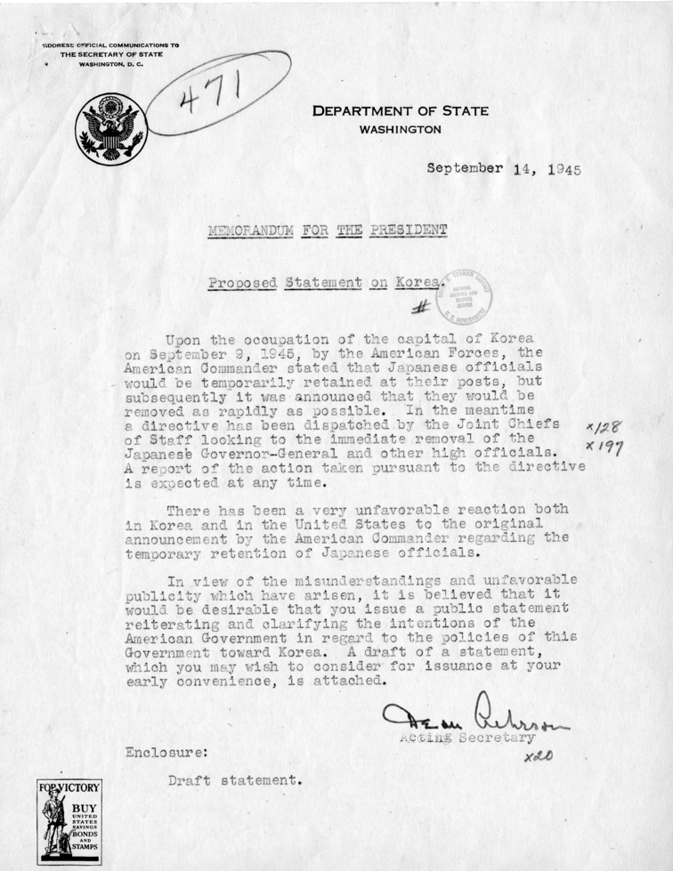 Memo, Dean Acheson to Harry S. Truman with Attachment